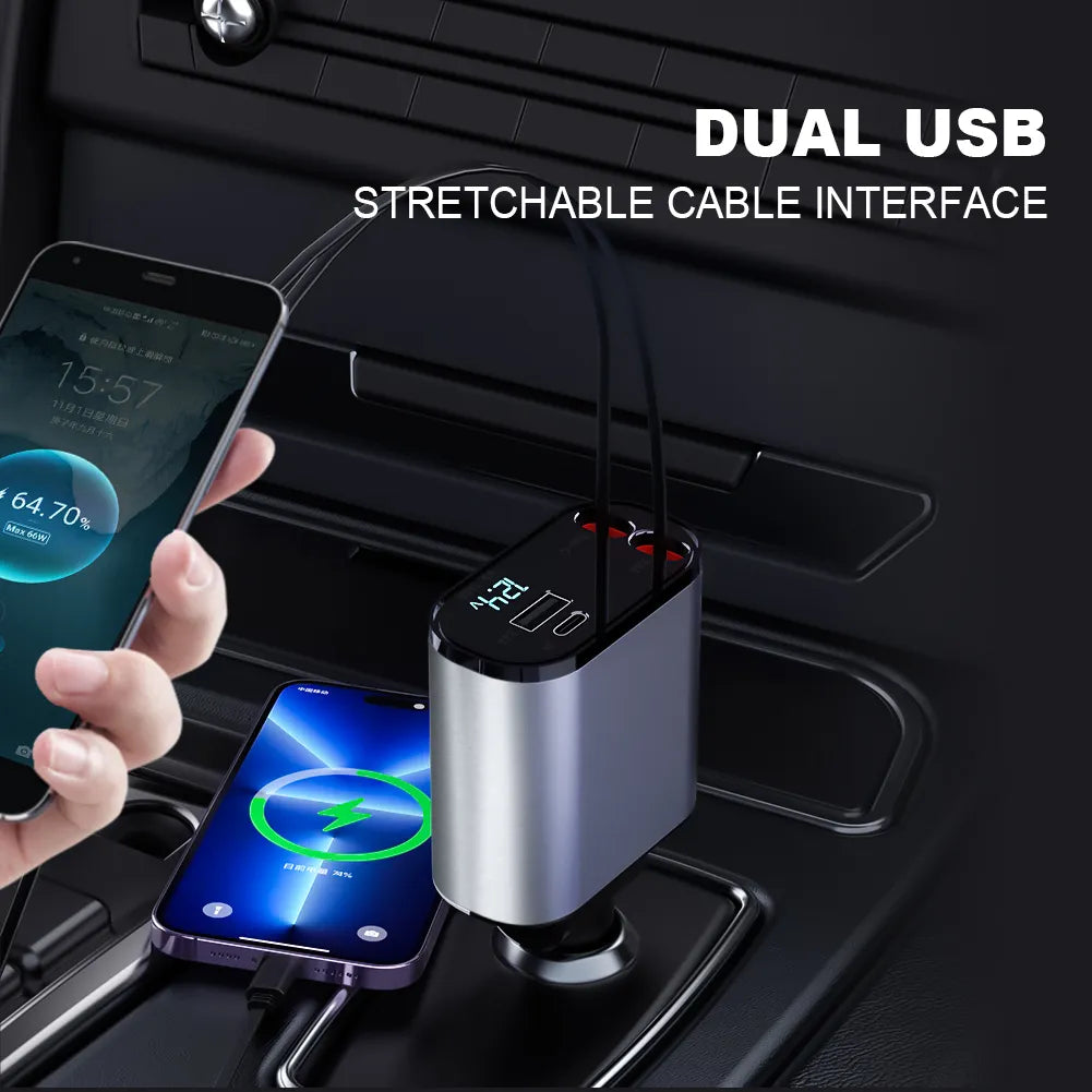 Cargador rápido USB 4 en 1  Con Pantalla Digital, retráctil con orientación ajustable, accesorio de auto